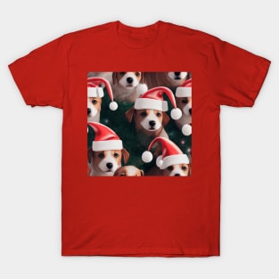 Puppy Christmas Pattern with Santa Hats and Christmas Trees T-Shirt